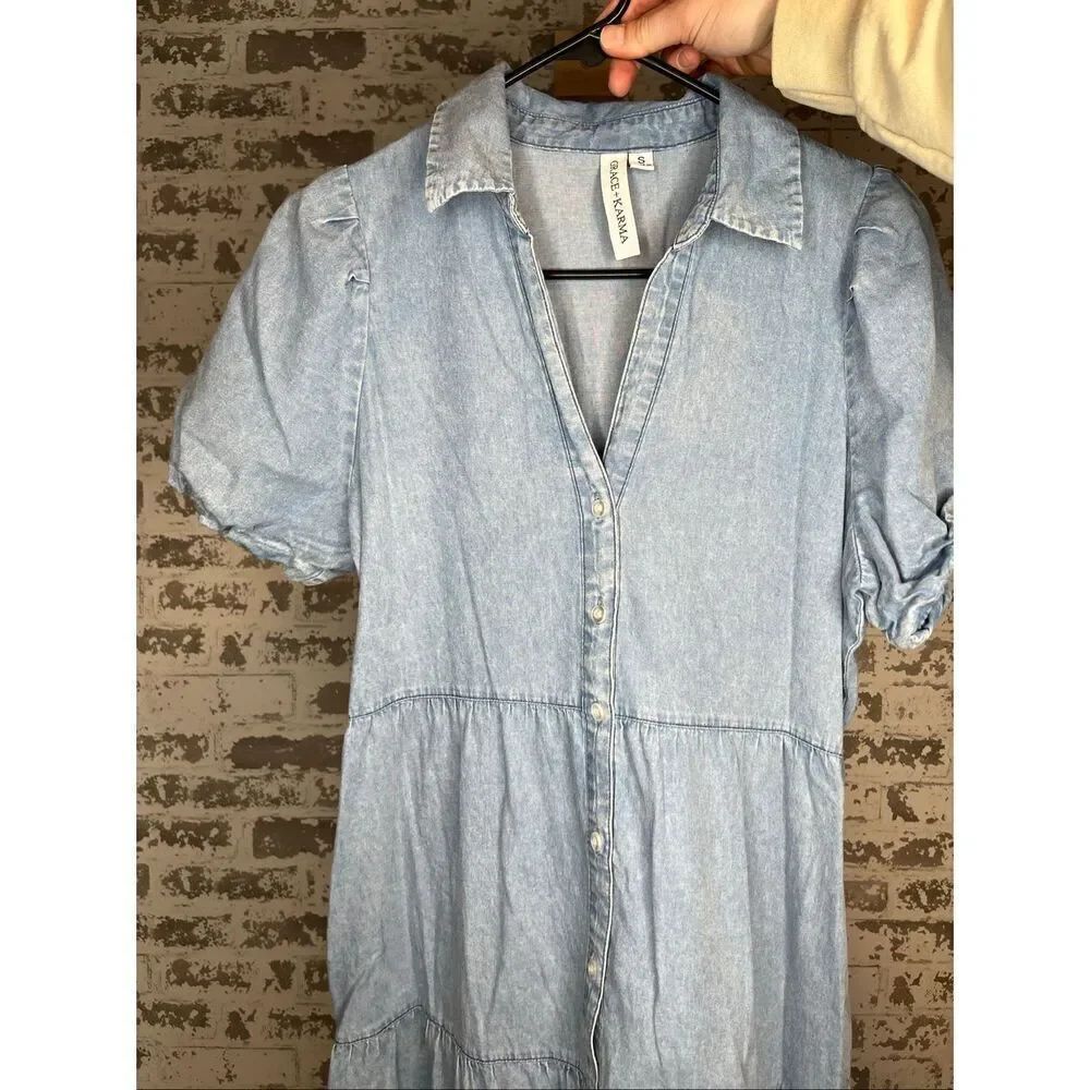 Grace + Karma | women denim button down dress puff sleeves